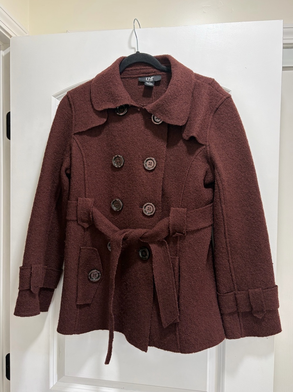 DM New York 100% Wool Brown Belted Double Breasted Pea Coat Jacket - Size M